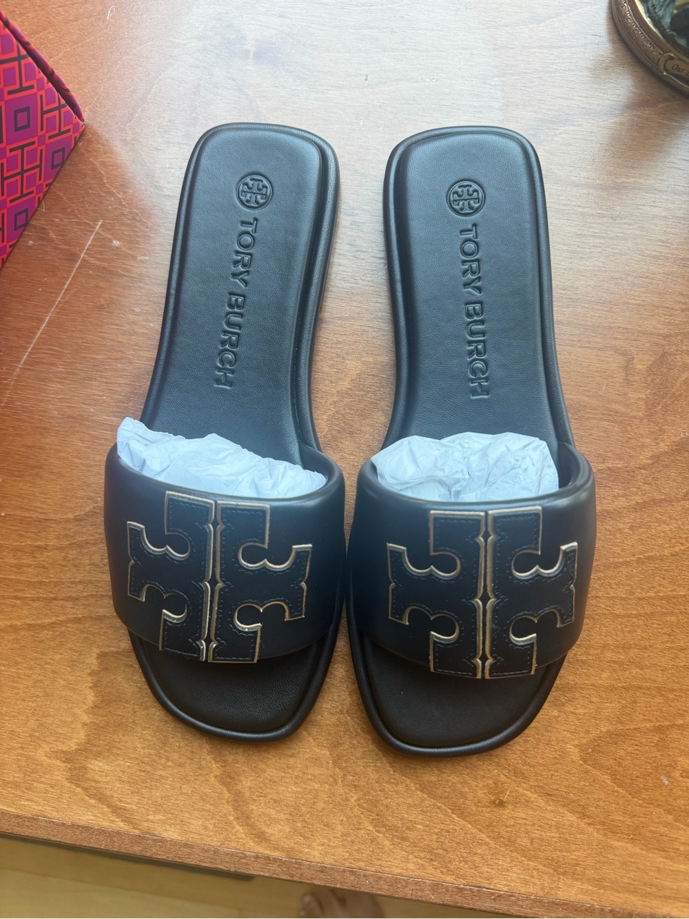 Tory Burch Black Slide Mules with Gold-Trim Logo
